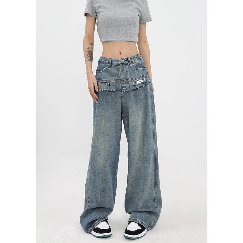 Jeans azzurri da donna tascabili a vita alta pantaloni larghi da strada americani moda larghi vintage 2023 NUOVI pantaloni invernali dritti_voghion.com