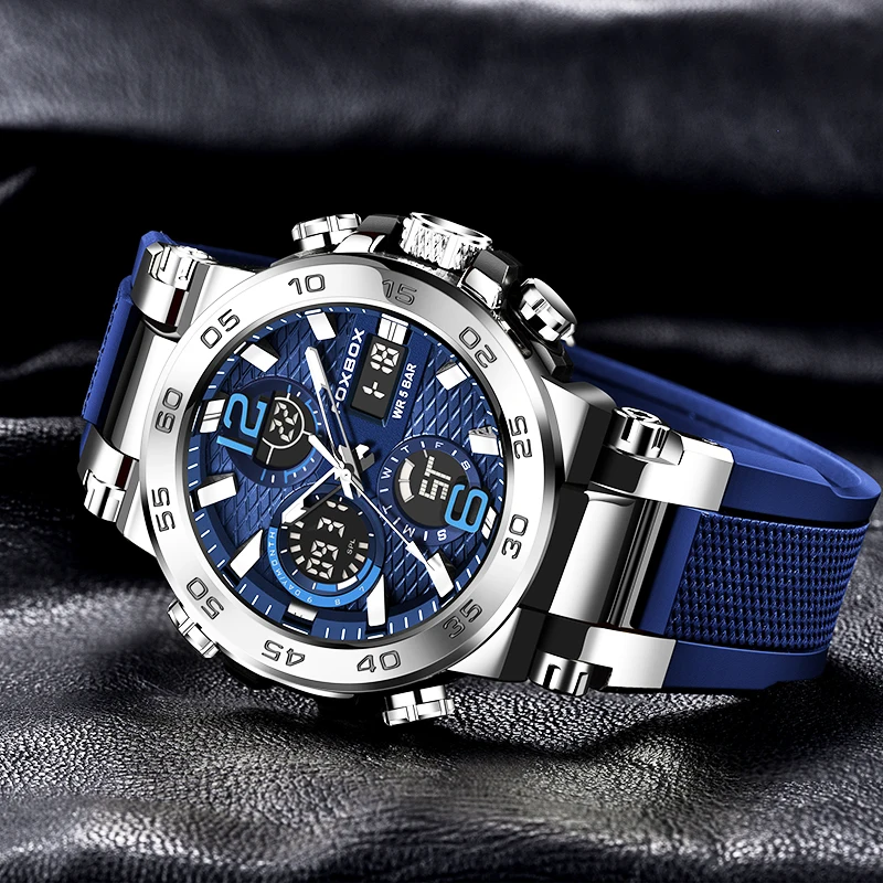 Watches For Men 50M Waterproof Clock Alarm     LCD Dual Display Wristwatch Quartz Military Sports Mens Watch_voghion.com