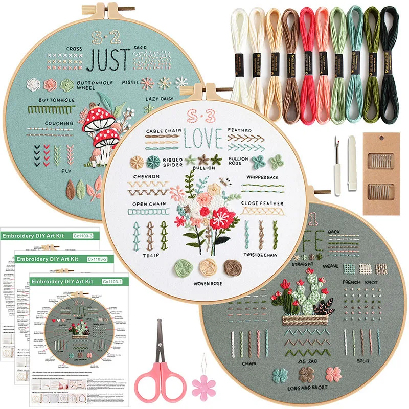 thumbnail image 1 of Kit de bordado para principiantes adultos Kit de bordado de 3 patrones estampados Agujas Hilos de colores Gama completa Accesorios Punto de cruz, 1 of 4