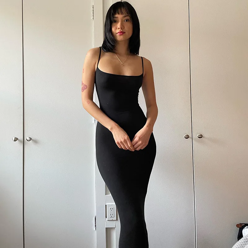 2023 Summer Black Spaghetti Strap Skims Bodycon Maxi Dress Sleeveless Solid  Skinny Trumpet Maxi Bodycon Maxi Dress For Women Sexy Vestidos From  Bikini_store1, $11.32