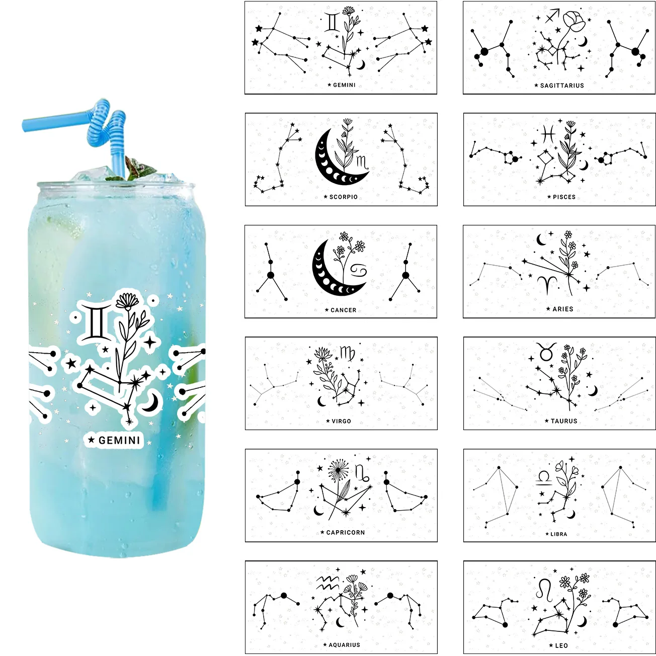 12 zodiac signs Series easy peel waterproof DIY Decals Retro Beauty 3D transfers uvdtf crystal sticker 16oz uv dtf cup wraps