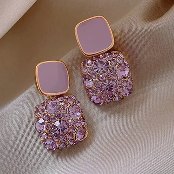 Purple Full Rhinestone Square Stud Earring Female Exquisite Fashion Sweet High Quality Temperament Europe and America Jewelry
