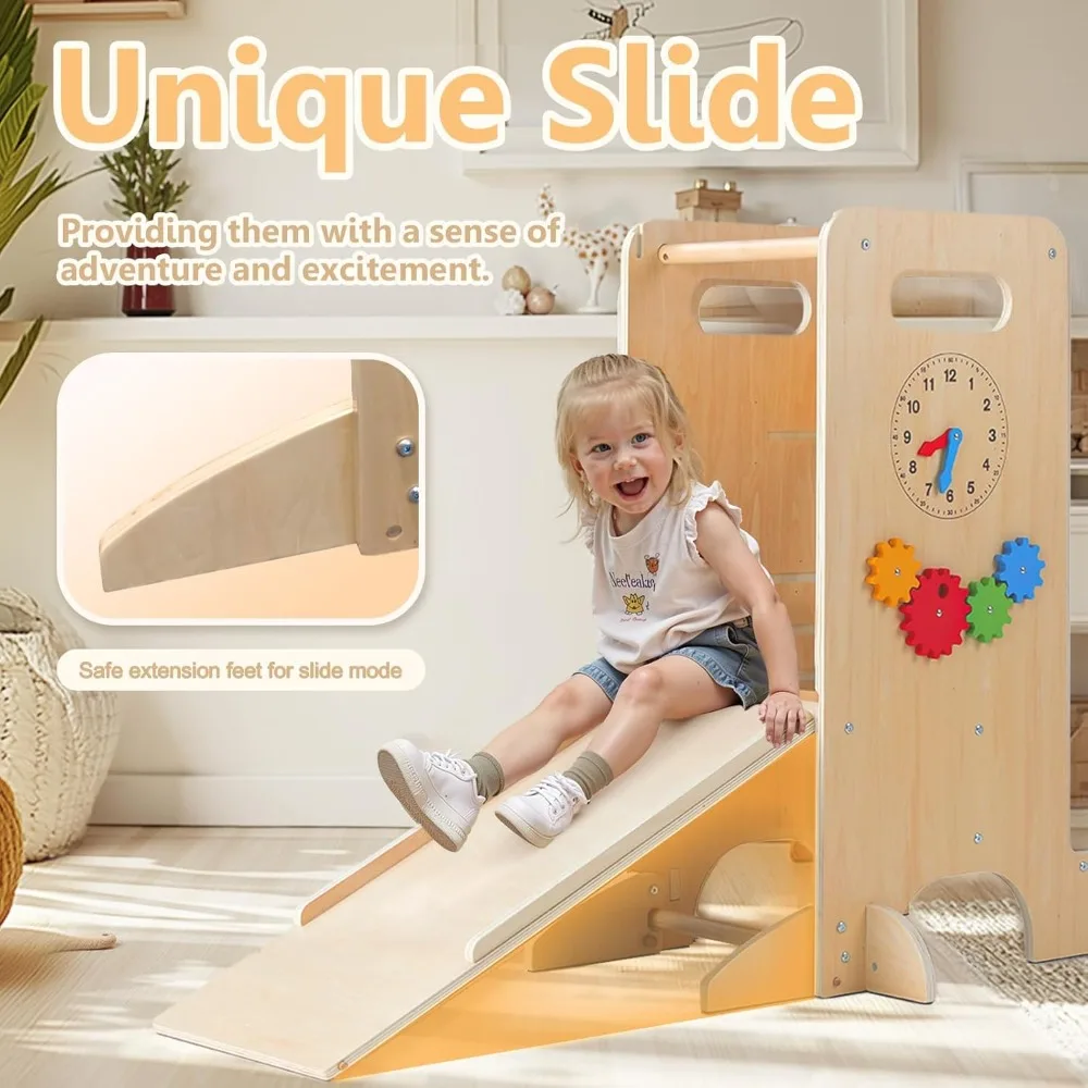 4-in-1 Toddler Tower with Slide, Adjustable Height, Montessori Games & Chalkboard - Safe Kitchen Helper