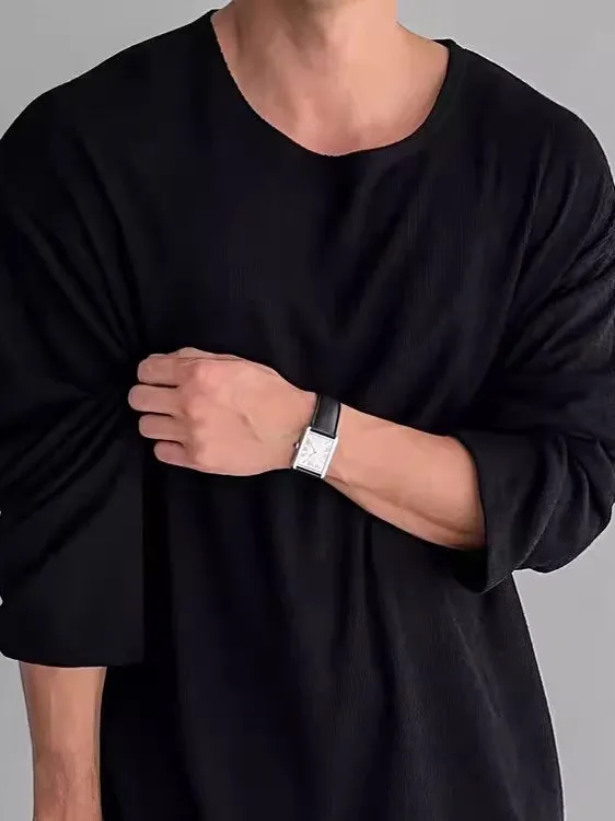 Loose Fit Long Sve U-Ne Linen Sun Protection Knitted T-irt for Men Hollow out Design Breathable Summer Faionable Tee