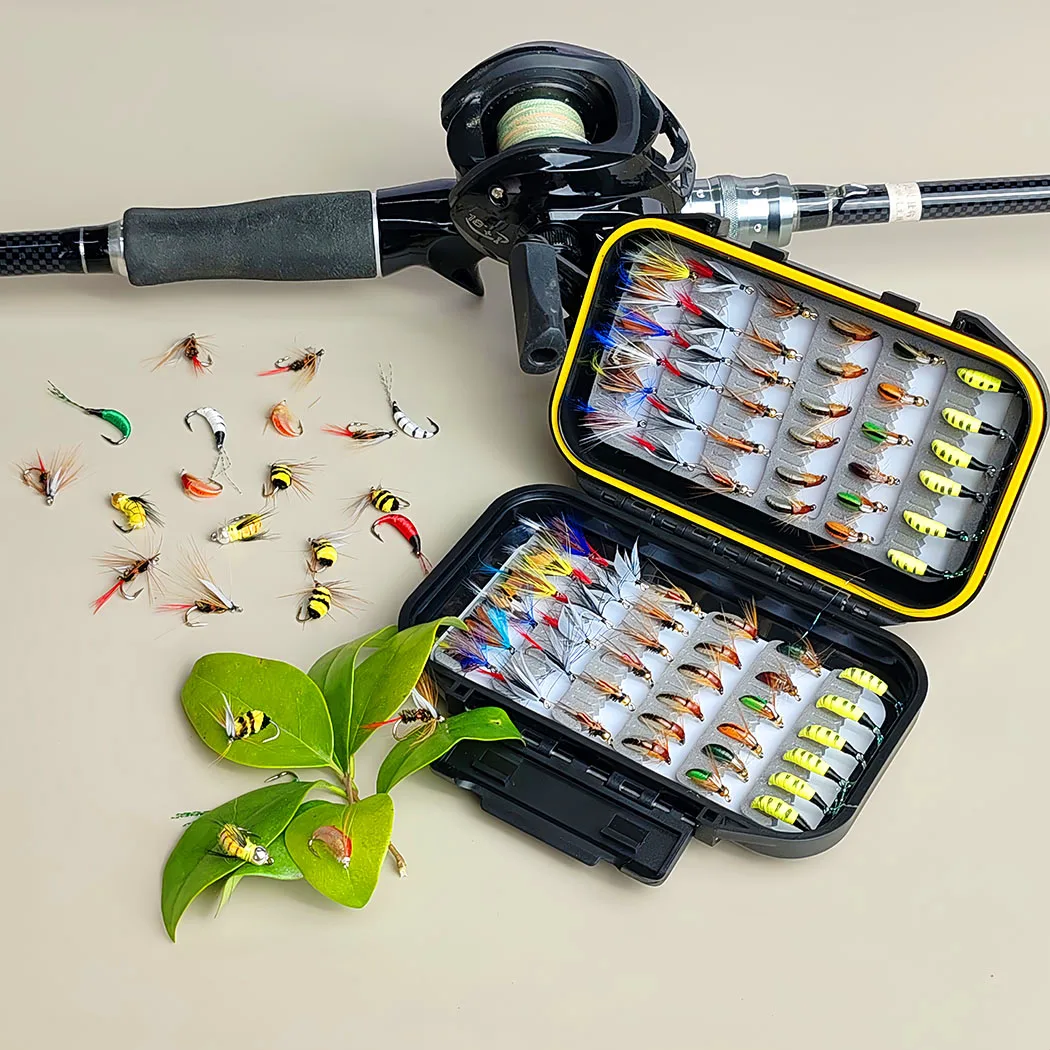 Fliegenfischen-Fliegen-Set, 24–100 Stück, Fliegenfischen-Sortiment, Trocken-/Nassfliegen, Nymphen-Fliegen, für Barsch, Forelle, Lachs, Angelköder – Detail 15