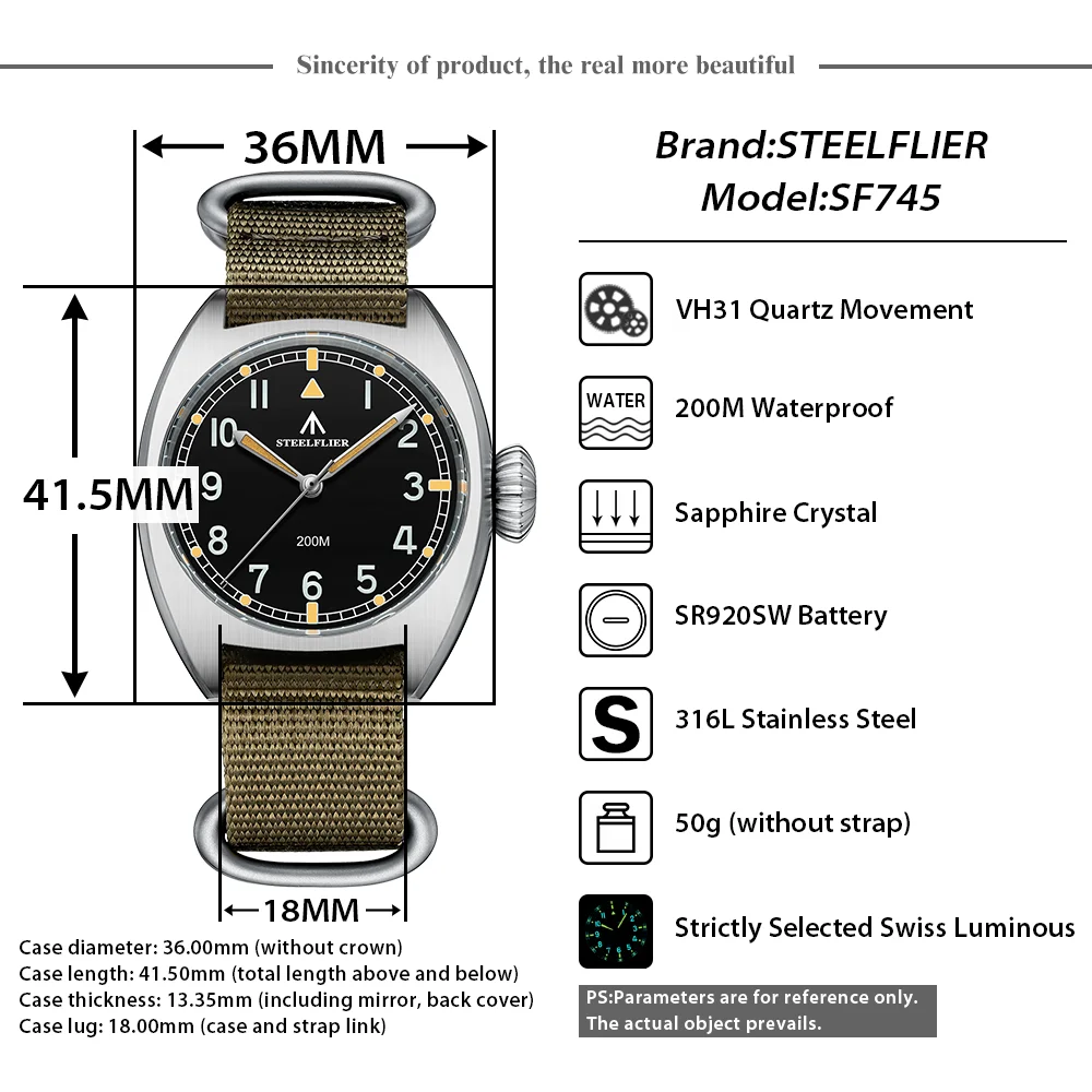 STEELFLIER Official 36MM Quartz Watch Luxury SF745 Swiss