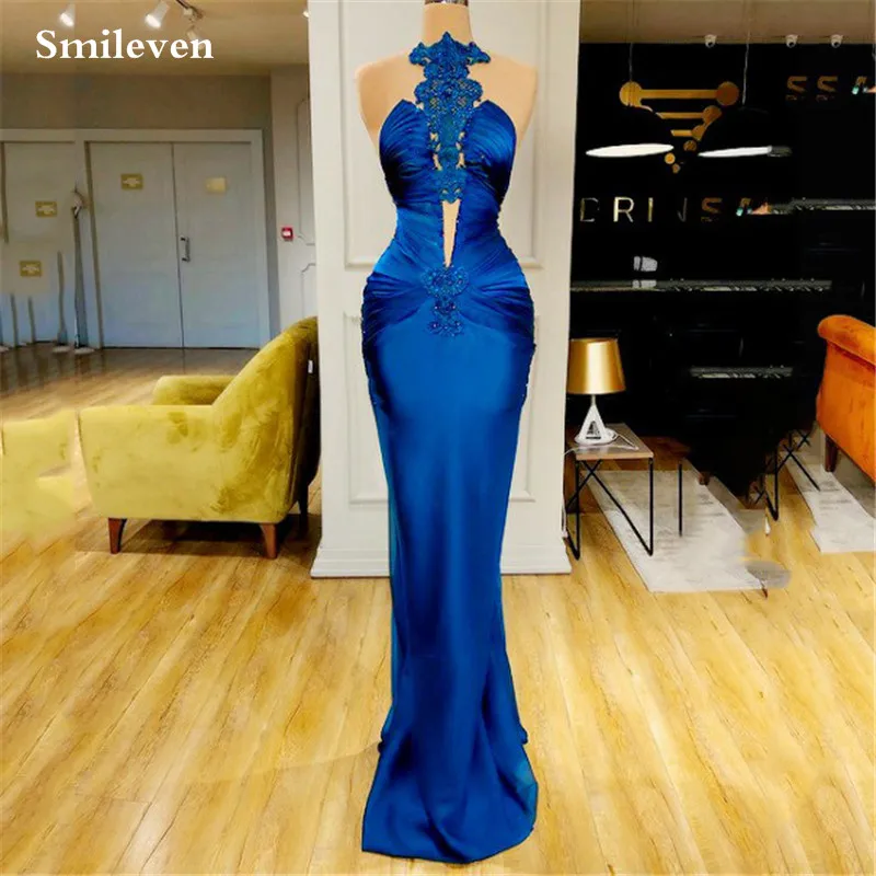 

Smileven Blue Lace Mermaid Prom Dresses High Neck Evening Gowns Floor Length Sleeveless Saudi Arabia Simple Party Dress