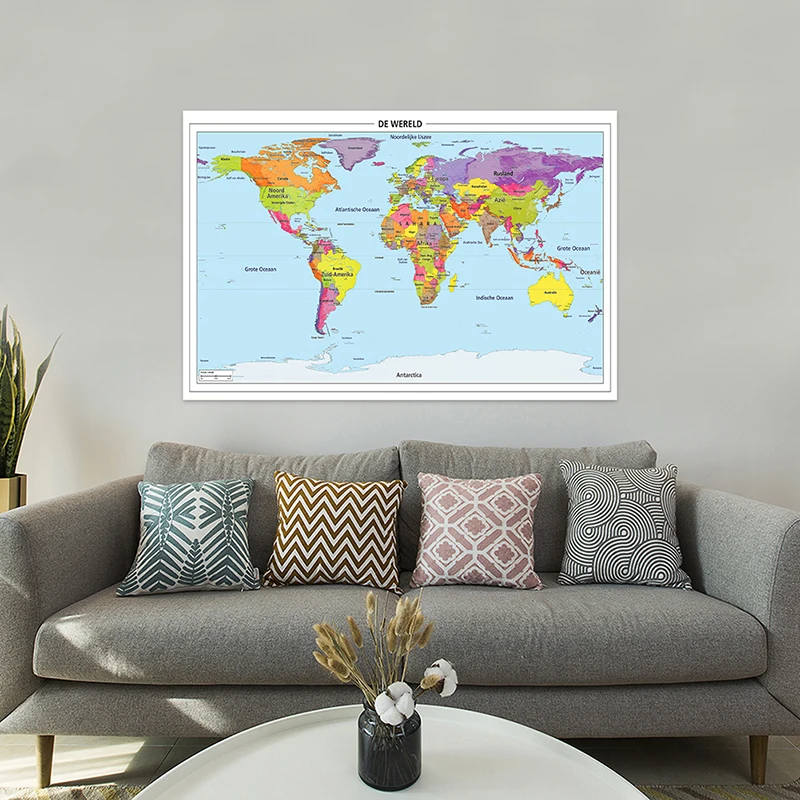 

225*150cm The World Political Map In Dutch Large Poster Non-woven Canvas Painting Wall Home Decoration Children School Supplies