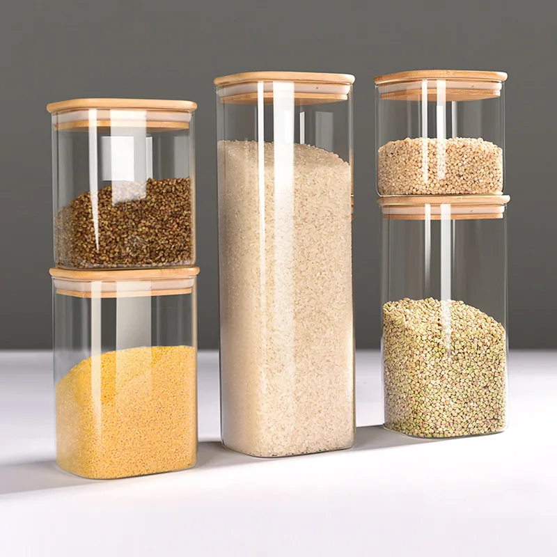 

Large Capacity Square Glass Storage Jars, Bamboo Cover, Sealed Glass Bottle, Kitchen Seasoning Tank, 5 Units