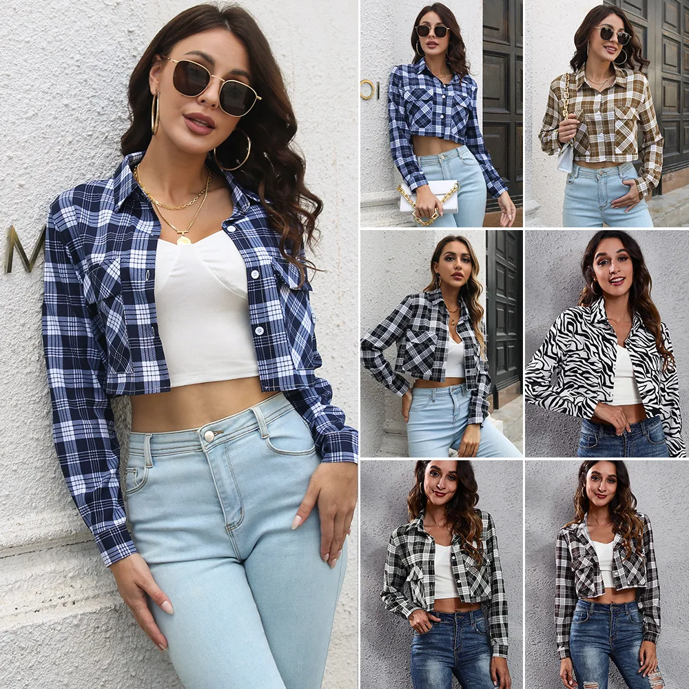 Classic Checkered Pocket Long Sleeve Shirt for Ladies Cropped Short Top Cardigan Thin Lapel Jacket