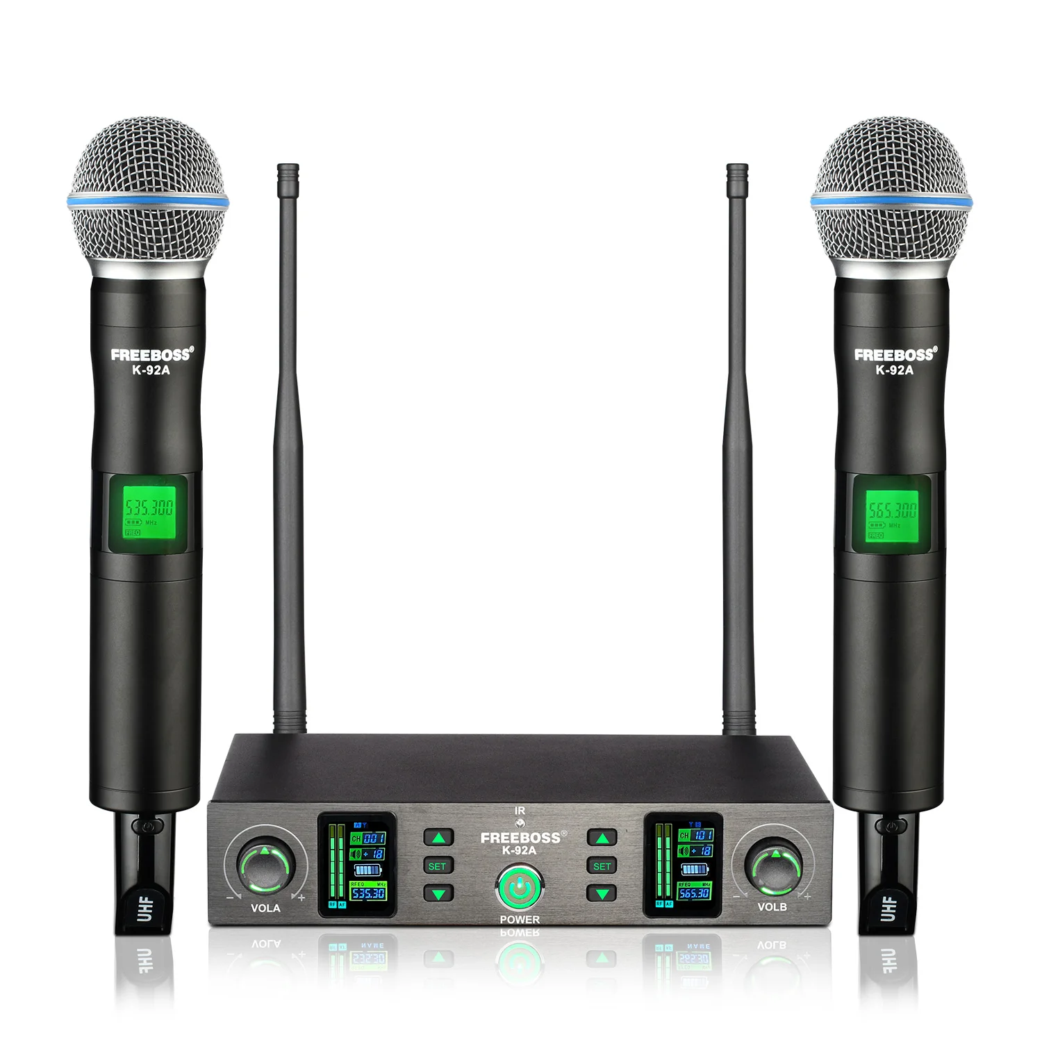 

FREEBOSS Adjustable Frequency Wireless Mic UHF Auto Scan 2 Handheld Transmitters IR Dynamic Stage KTV Cordless Microphone K-92A