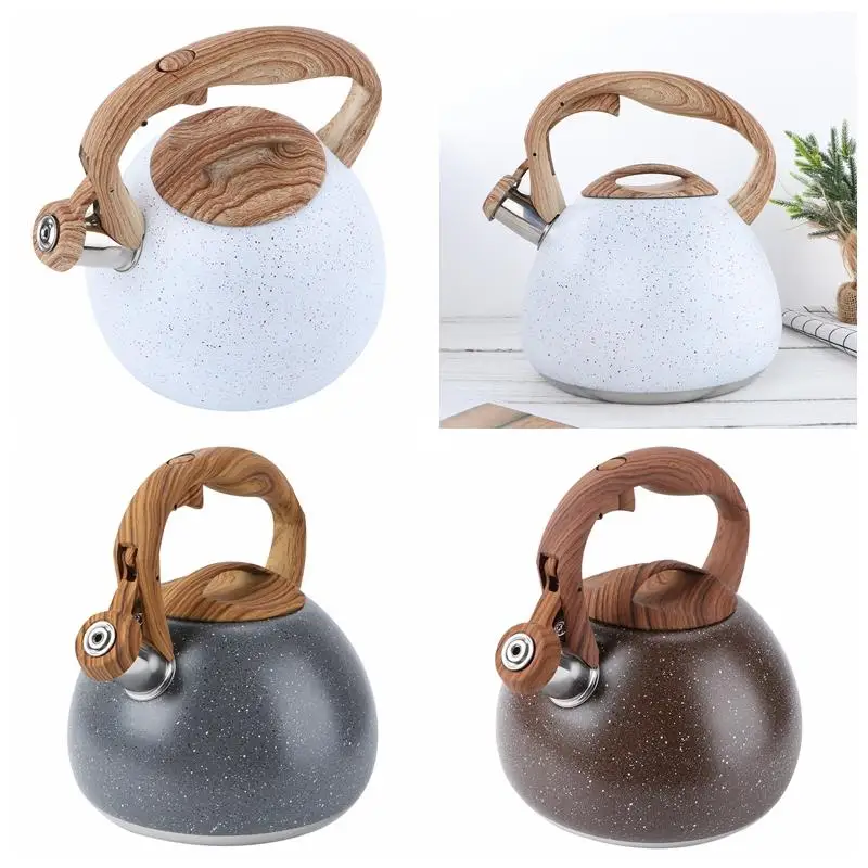 1Pc 2.8L Antique Stainless Steel Wooden Handle Flat Bottom Whistling Kettle Boiling Tea Kettle (White/Grey/Brown)