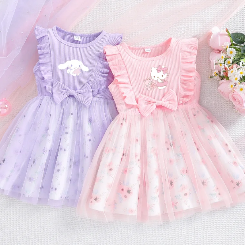 Sanrio Hello Kitty Cinnamoroll Cartoon Children Dresses Anime Baby Girls Summer Sleeveless Princess Dresses Patchwork Mesh Dress