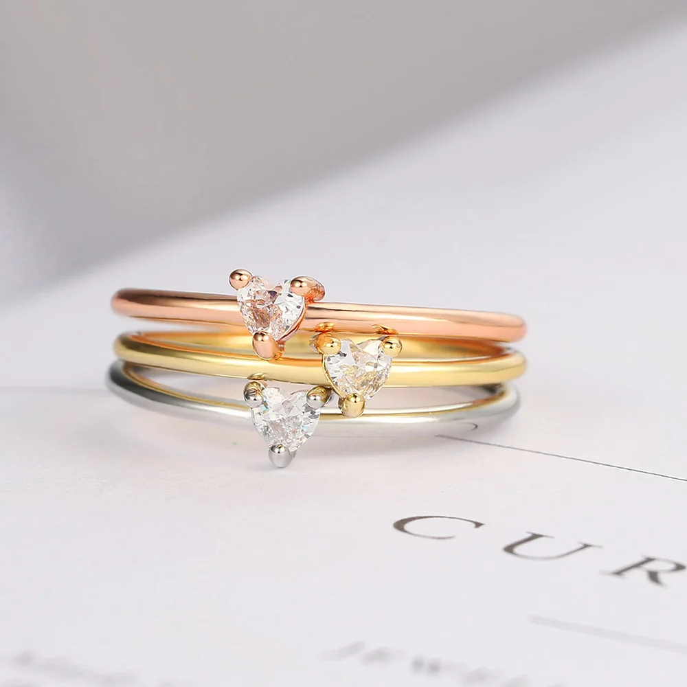 Doppelte faire Herzringe für Frauen, minimalistischer süßer Zirkonia, 3-farbig, dünner, zierlicher Fingerring, Party-Geschenk, Modeschmuck, KBR014 – Detail 9