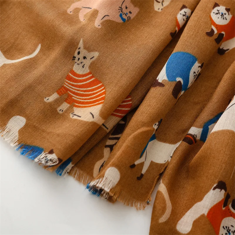 Schöne Cartoon Katze Muster Fransen Viskose Schal Schal Dame Mädchen hochwertige Wrap Pashmina gestohlen Bufandas muslimischen Hijab 180*90cm – Detail 18