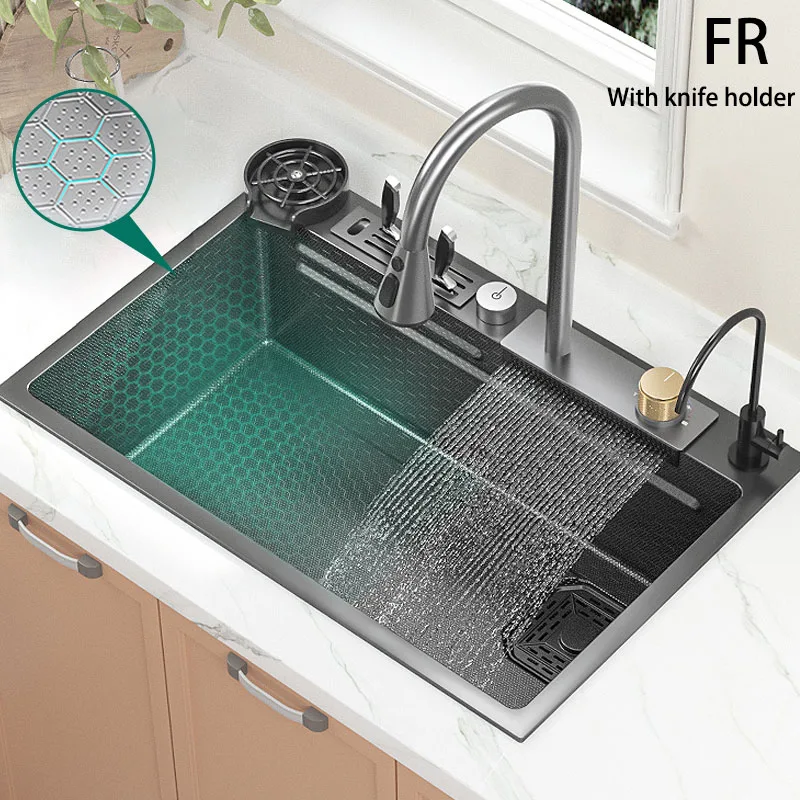 Stainless Steel Kitchen Sink Big Waterfall Sink Super Large Single-slot Household Wash Basin Multi-functional Washing Pond