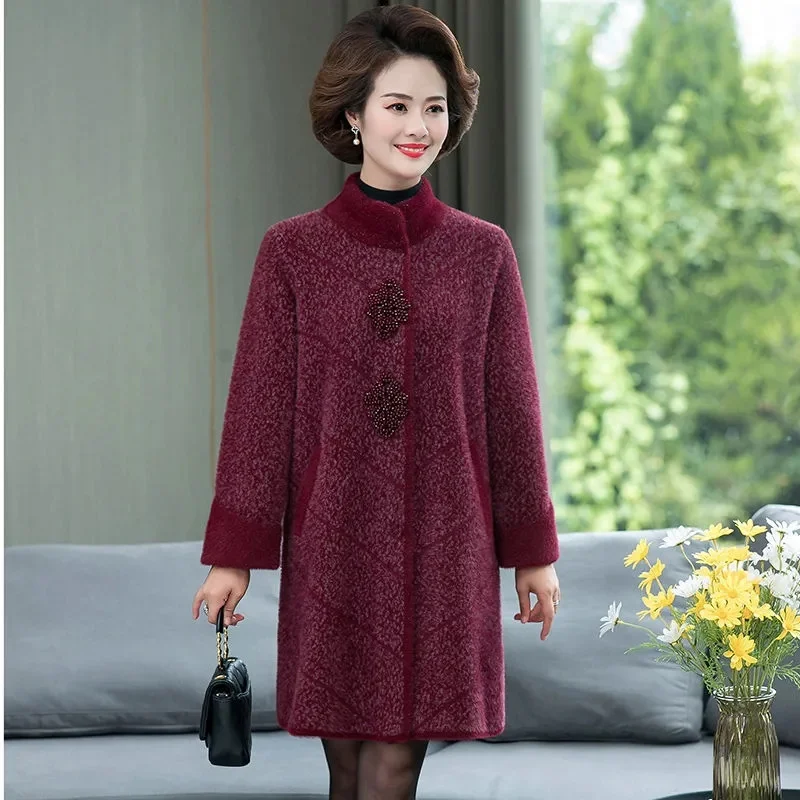 2023 New Mom Autumn/Winter Fashion Foreign Mink Fleece Coat Top Middle Old Age Women's Wool Coat Middle Long Style Noble Cardiga