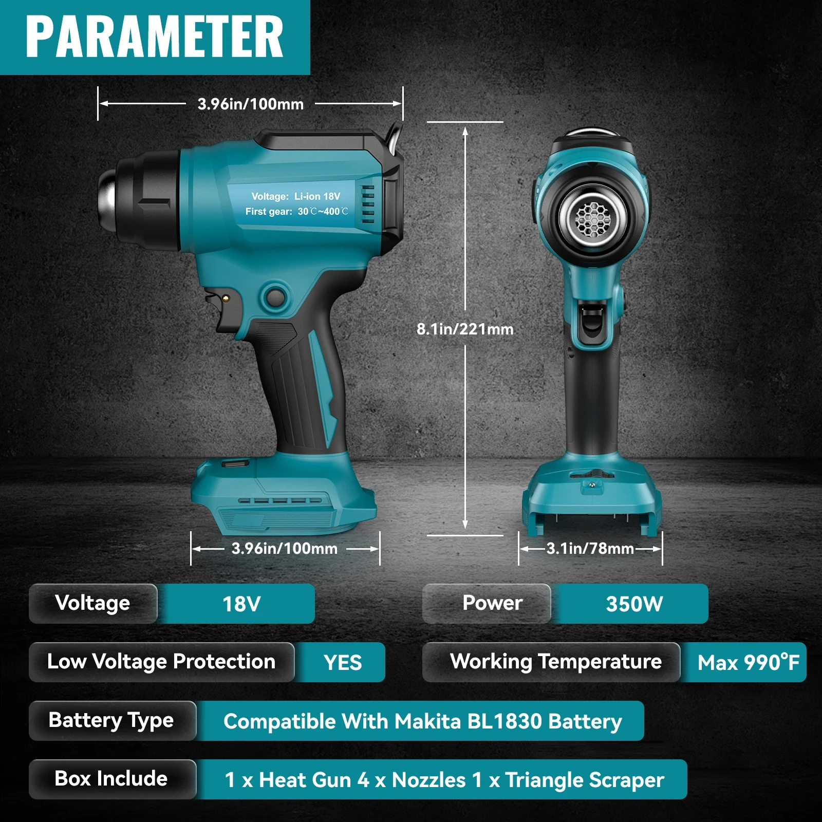 Hot air gun Heat gun Mini hot air gun Cordless Heat gun For Makita 18V Battery Wireless Battery 350W 122℉-990℉ Adjustable Powered