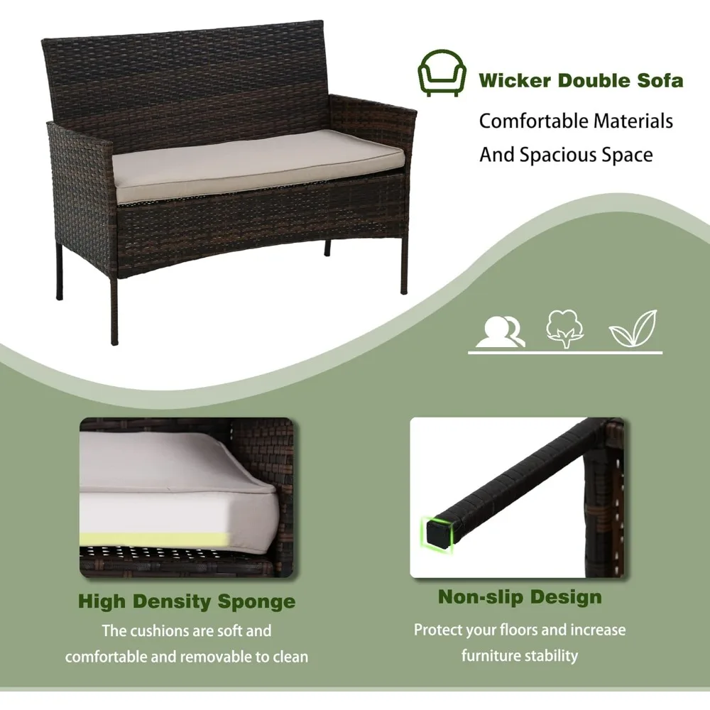 4 Pieces Patio Furniture Set Rattan Outside Furniture Wicker Sofa Garden Conversation Sets with Soft Cushion and Glass Table for 5