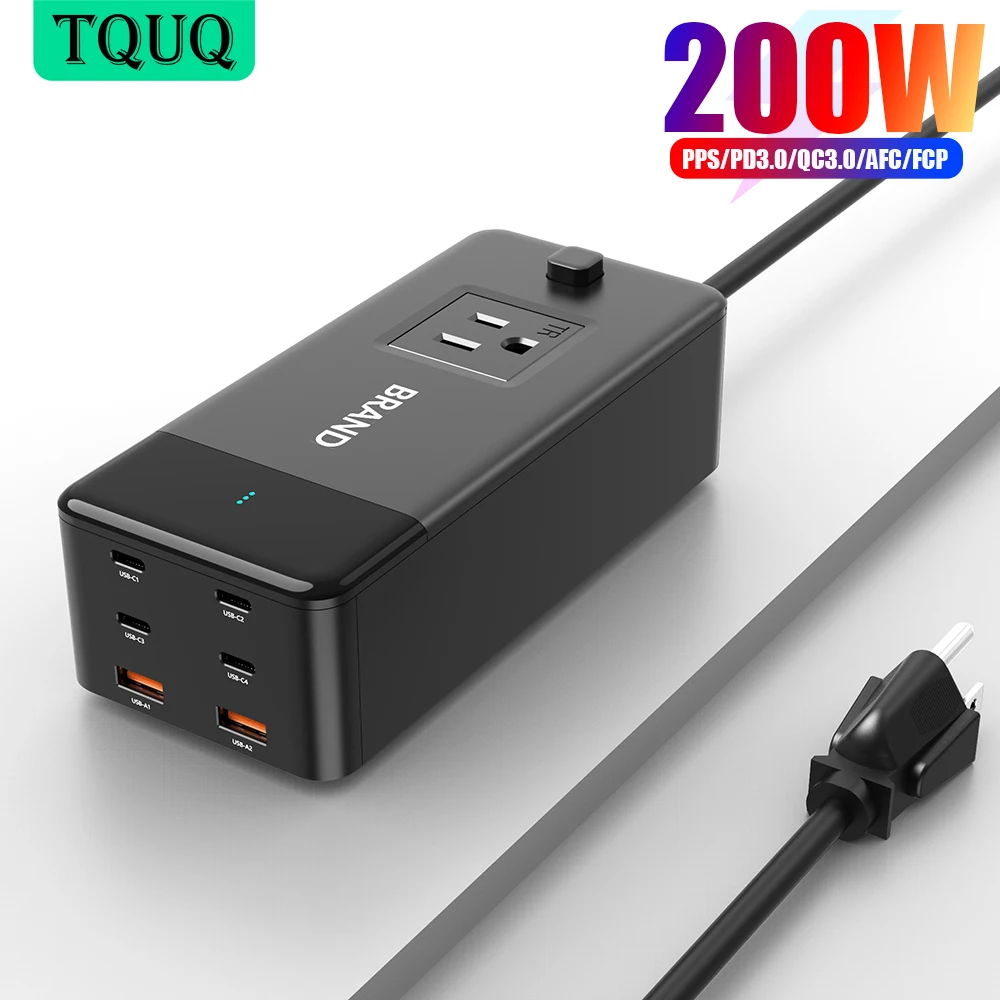 

TQUQ 200W PD Fast Wall Charger Power Socket, 6-Ports [4USB-C + 2USB] GaN Charging Station for MacBook Pro/Air Laptop Cell Phones