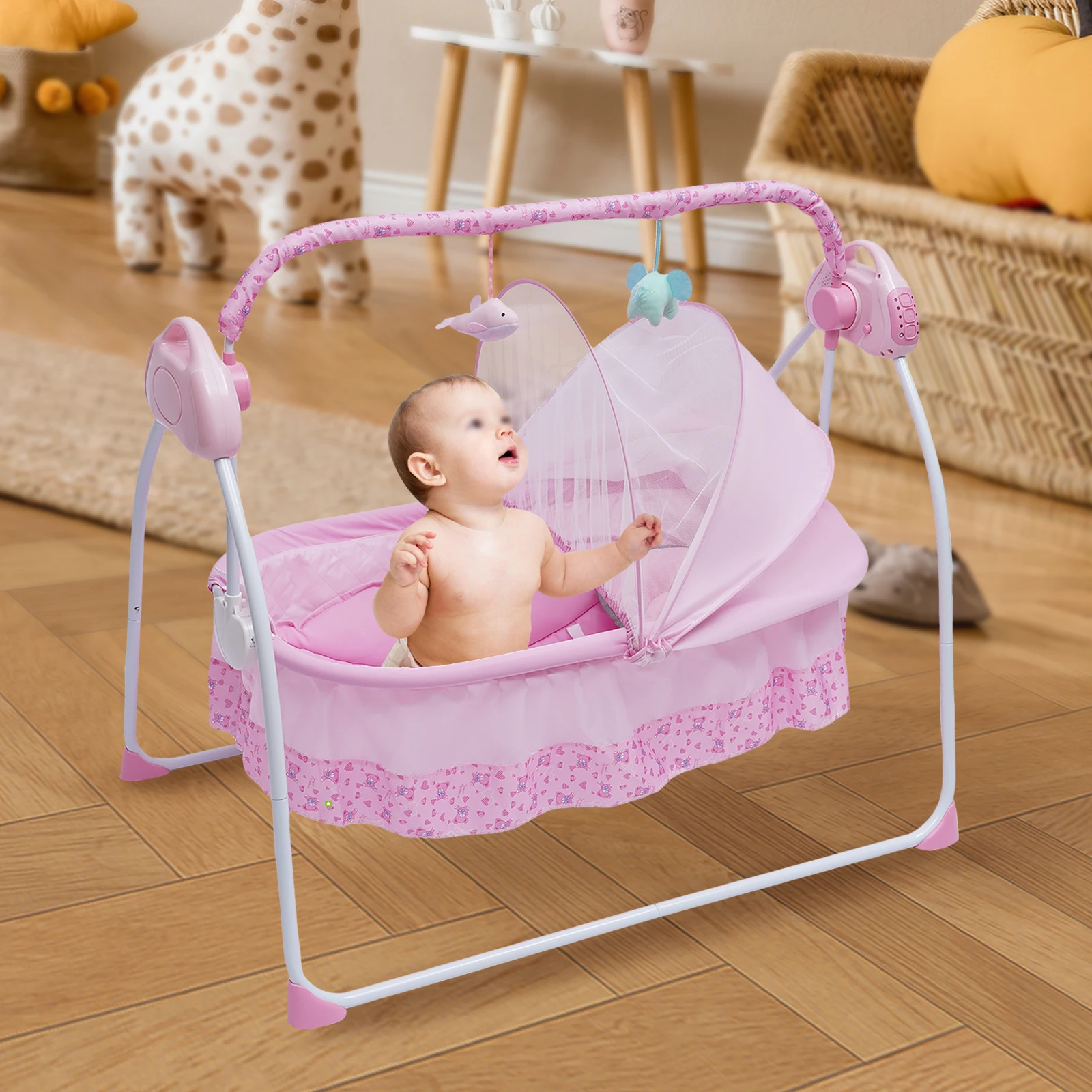 Baby Crib 5 Gears Electric Bluetooth Auto-Swing Rocking Bassinet Sleep Bed Infant Rocker + Net Adjustable Nursery