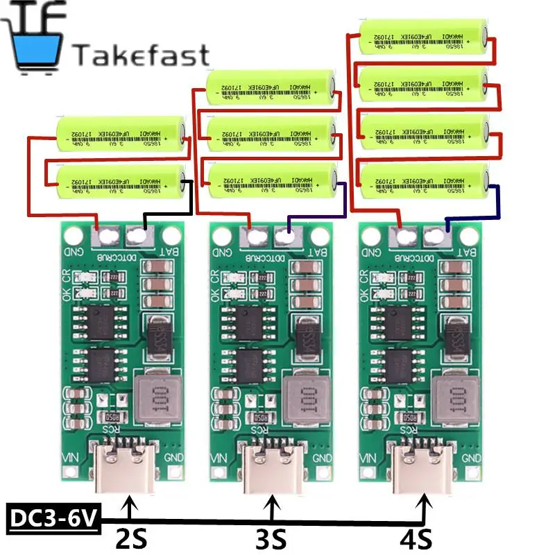 18650 Lithium Battery Multi-Cell 2S 3S 4S Type-C To 8.4V 12.6V 16.8V Step-Up Boost LiPo Polymer Li-Ion Charger 7.4V 11.1V 14.8V 1pcs