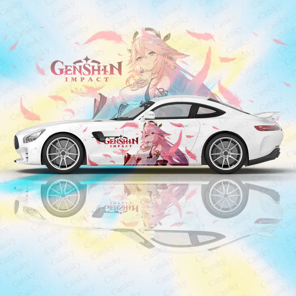 Yae Miko Anime Car Stickers Ita Car Tuning Racing Vinyl Wrap Side Graphics Car Door Sticker Decalcomania Laterale Genshin Impact Sticker