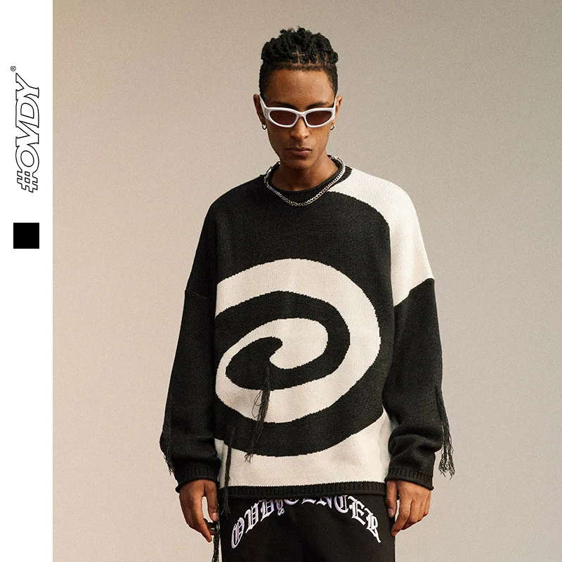 

Vintage Vortex Sweater Men Casual Color Matching Print Harajuku Retro Loose Couple Knitted Jumper High Street Women Pullover New