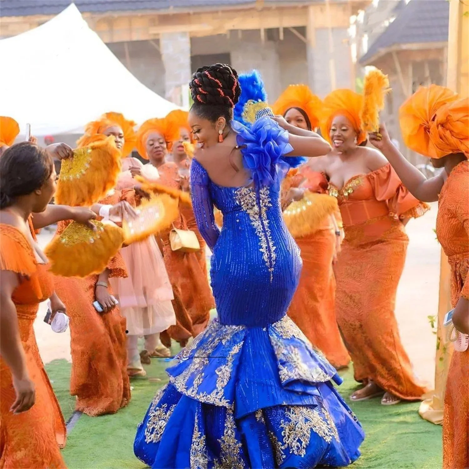 Royal Blue Long Prom Dresses For Black Girls One-shoulder Appliques African Evening Gowns Birthday Party Robe Customized