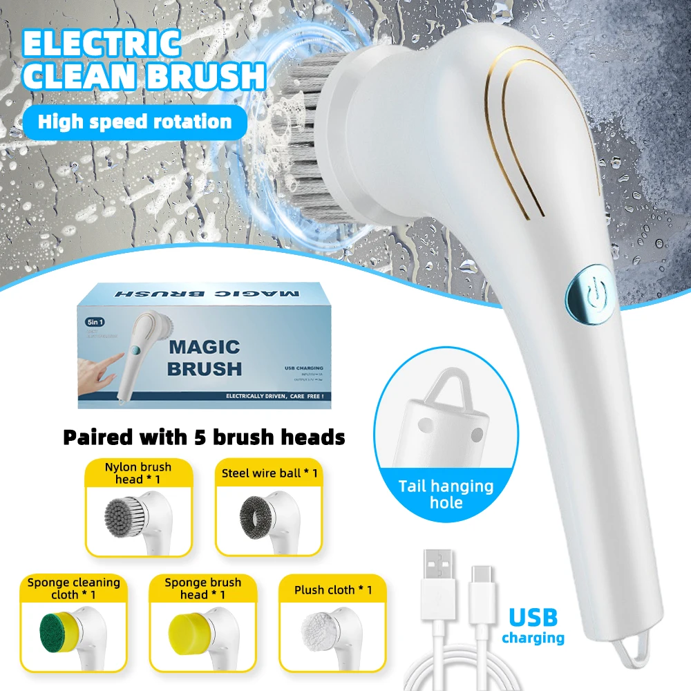 Toilet Brush Set 5-in-1 Multifunctional Electric Cleaning Brush Replace Head USB Kitchen Bathroom Bathtub Tile Sink Dish Toilet Brush