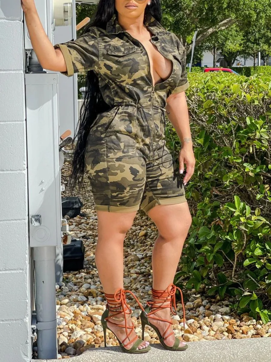 LW Plus Size jumpsuit Camo Print Drawstring Romper summer short sleeve Romper casual women's clothing large size Fashion jumpsui