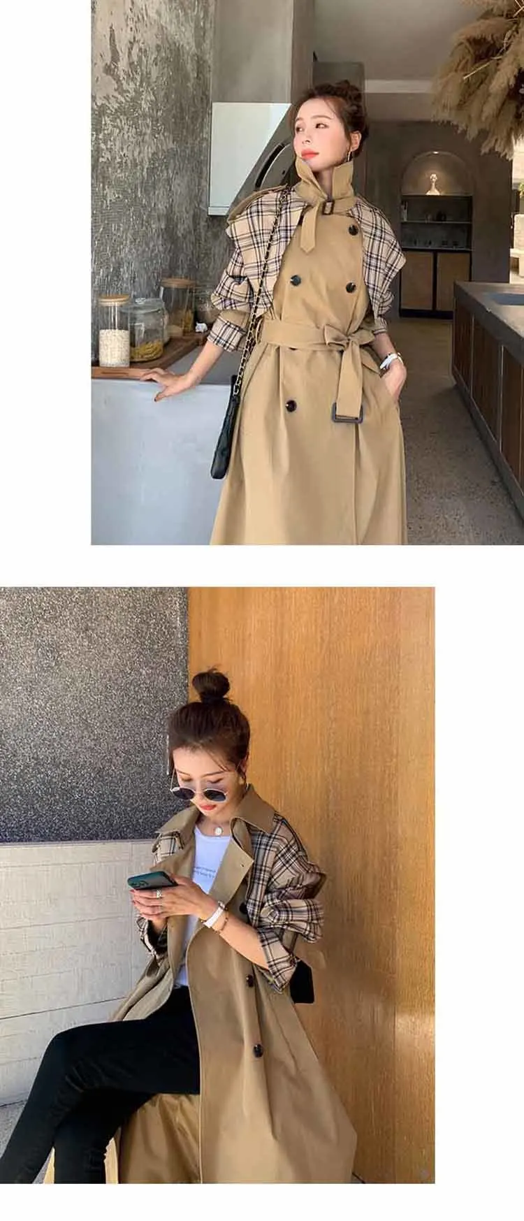 Spring Autumn British UK Style Women Trench Coat Long  Loose Vintage Over The Knee Female Windbreaker Plaid Stitching Overcoat black puffer coat