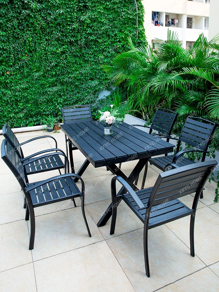 Outdoor Desk-Chair Courtyard Combination Garden Waterproof and Sun Protection Plastic Wood Tables and Chairs