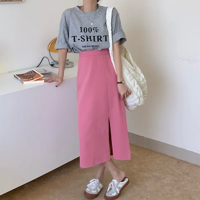 

Split skirt female high waist thin package hip skirt summer mid-length all-match solid color A-line skirt