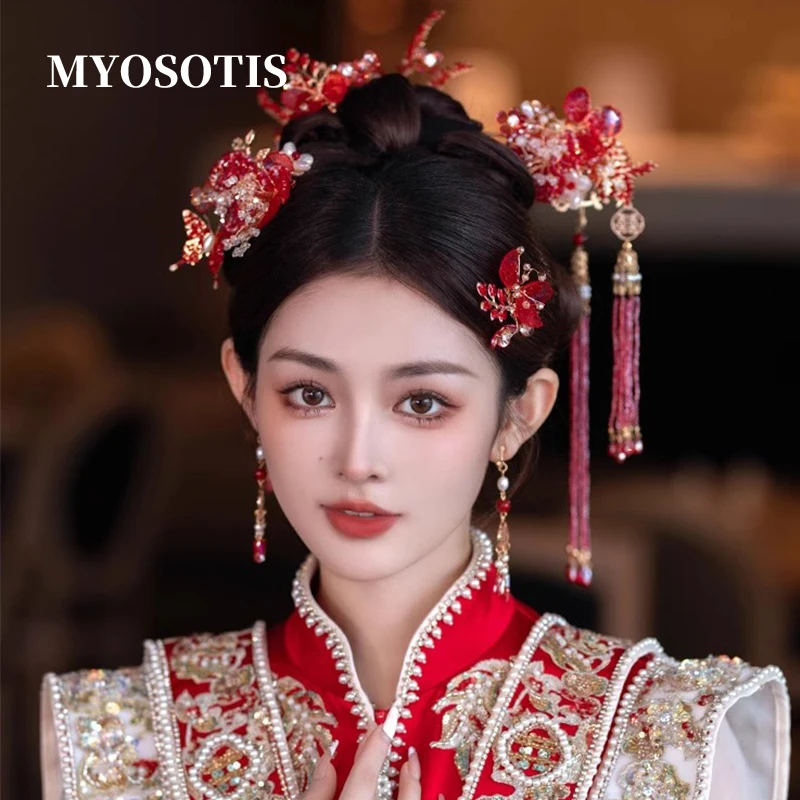 

Handmade New Chinese Ancient Style Red Beading Bridal Tassel Hairpin Classical Twisted Hanfu Wedding Hair Accessories