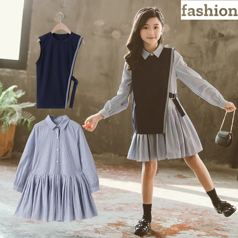 

Girls Sweater Skirt 2023 Spring New Casual Sports Lapel Design Contrast Color Dress Trend 4 6 8 10 14 16 Years Old