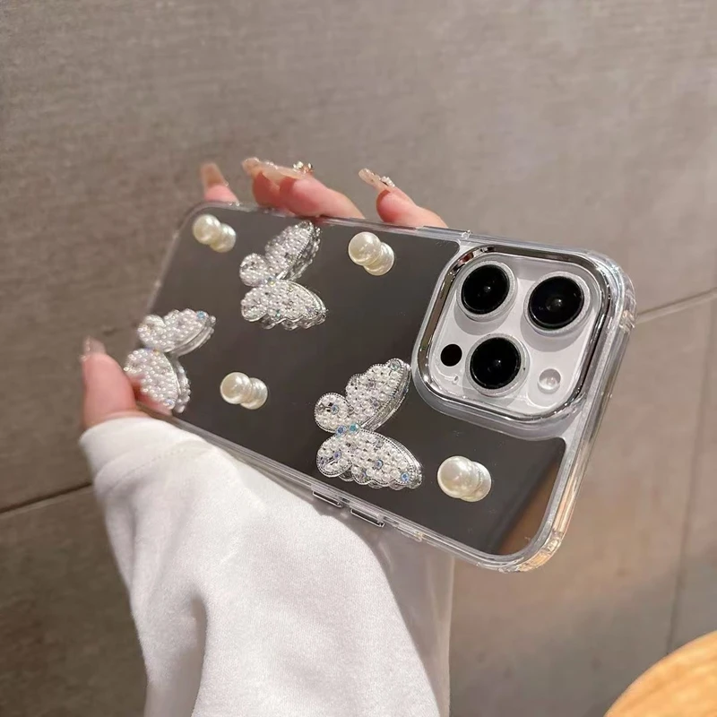 Pearl 3D Butterfly Makeup Mirror Phone Case