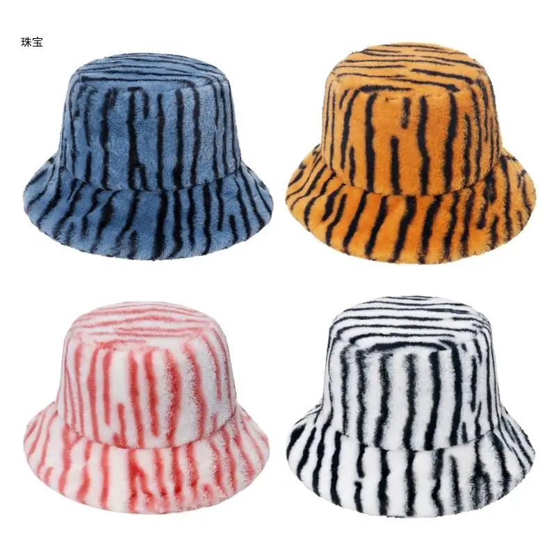 

X5QE Striped Plush Basin Hat Faux Rabbit Fur Soft Fisherman Outdoor Trend