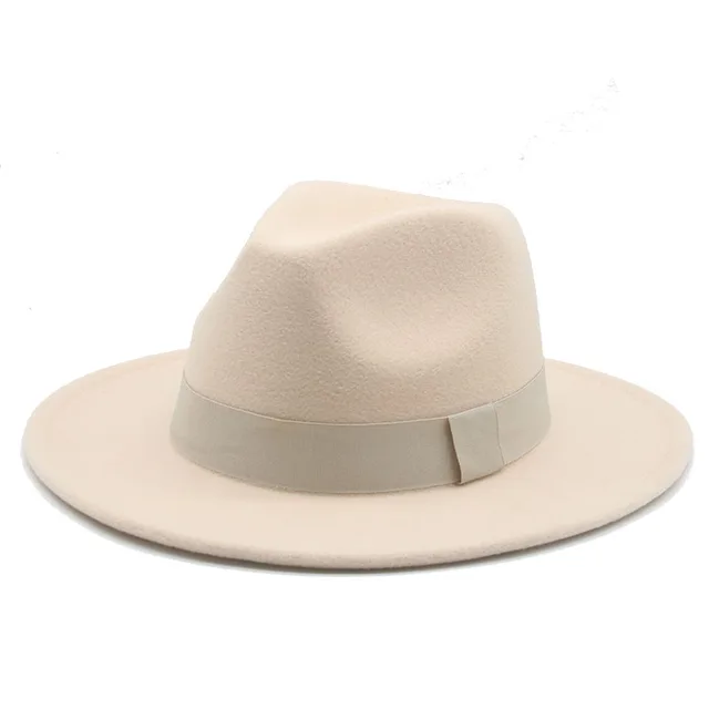 Fedora Hat Women Winter Hats for Women Ribbon Band Men's Hat Wide Brim Classic Beige Wedding Church Bowler New Cap chapeau femme Beige