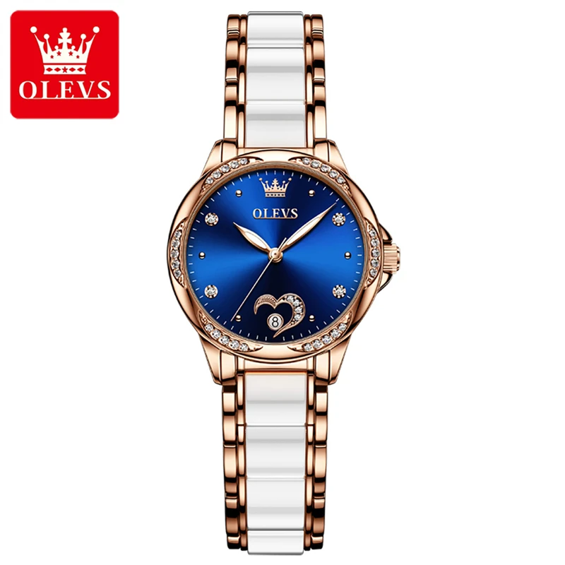 OLEVS Womens Watches Top Brand Luxury Ceramic Mechanical Watch for Women Waterproof Fashion Blue Dial Diamond Wristwatches