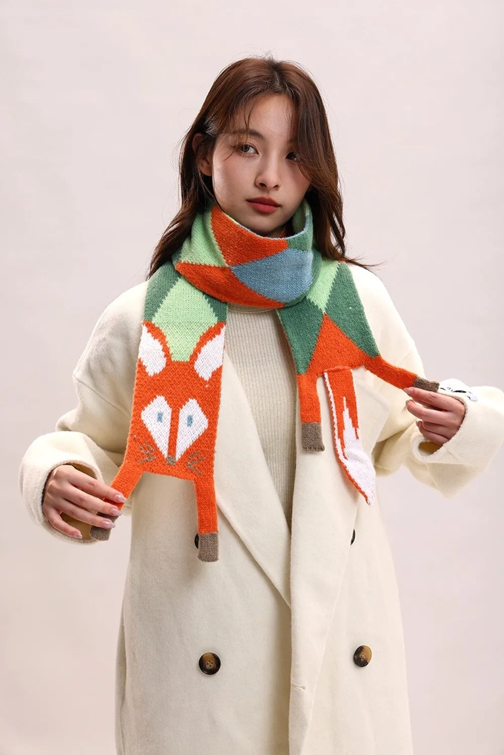 Vielseitiger gestrickter Schal im japanischen Stil, Kaschmirimitat, Tier-Cartoon-Fuchs-Schal, trendiger Herbst-Winter-warmer Schal – Detail 17