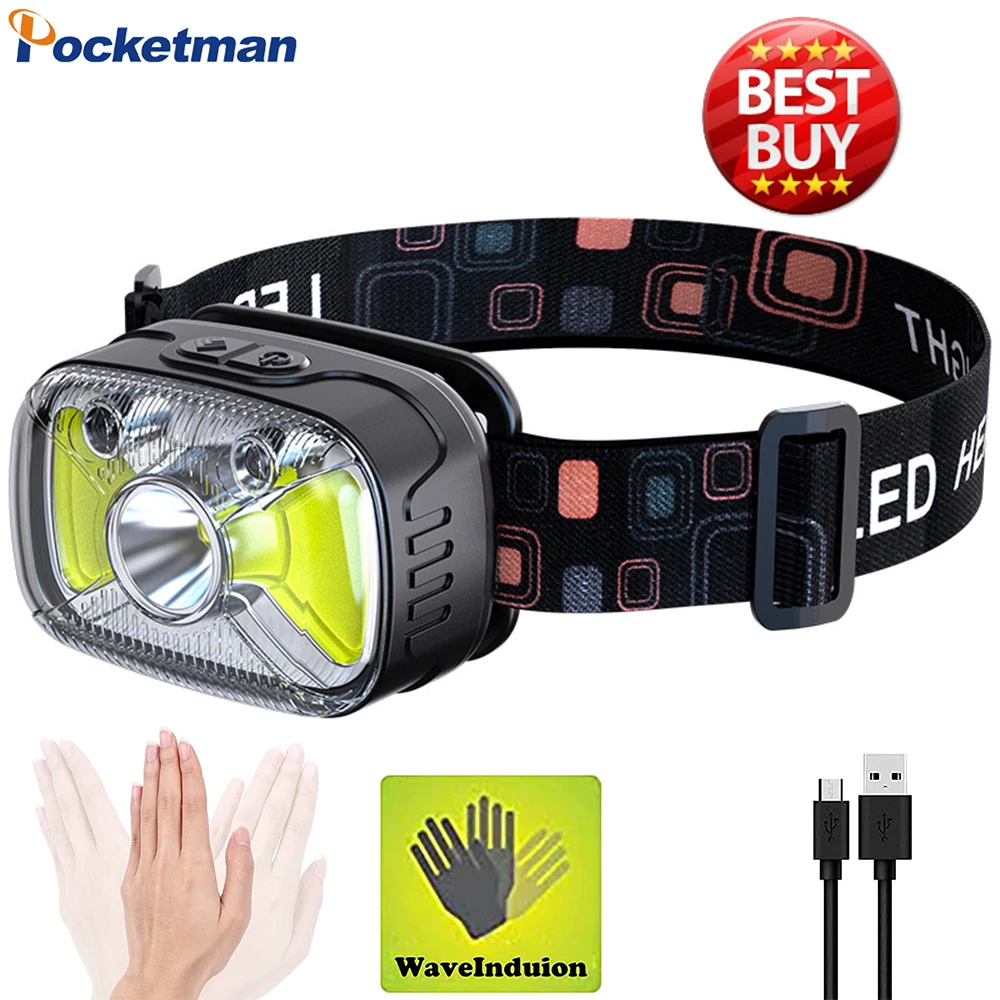 Super Bright XPG+CPB LED Headlamp Smart Induction Headlight TypeC USB