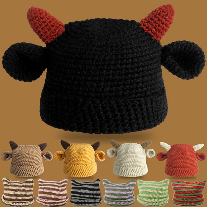 Women Girls Devil Horn Knitted Beanie Hat 2022 Winter Wool Cap Kawaii
