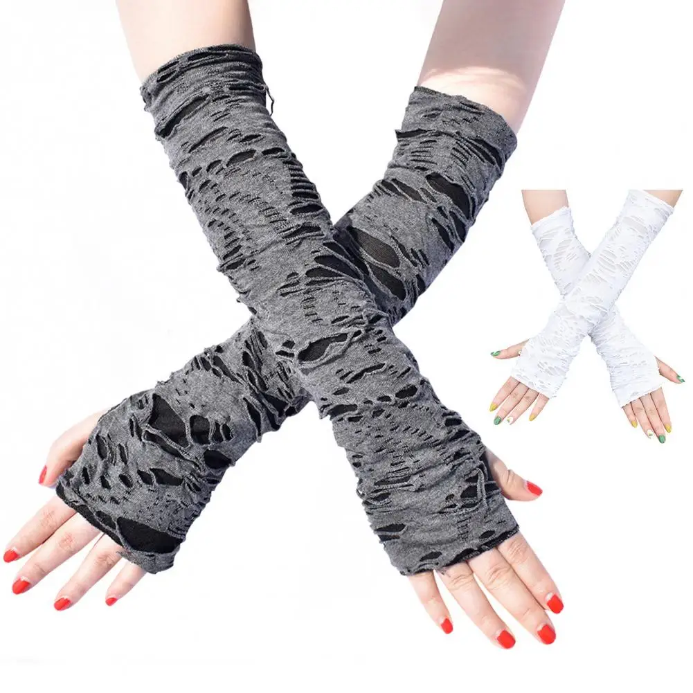 Breathable Fingerless Gloves Punk Style Arm Sleeves Long Halloween Fingerless Gloves with Ripped Holes for Adult Cosplay Unique fingerless gloves,fingerless gym gloves