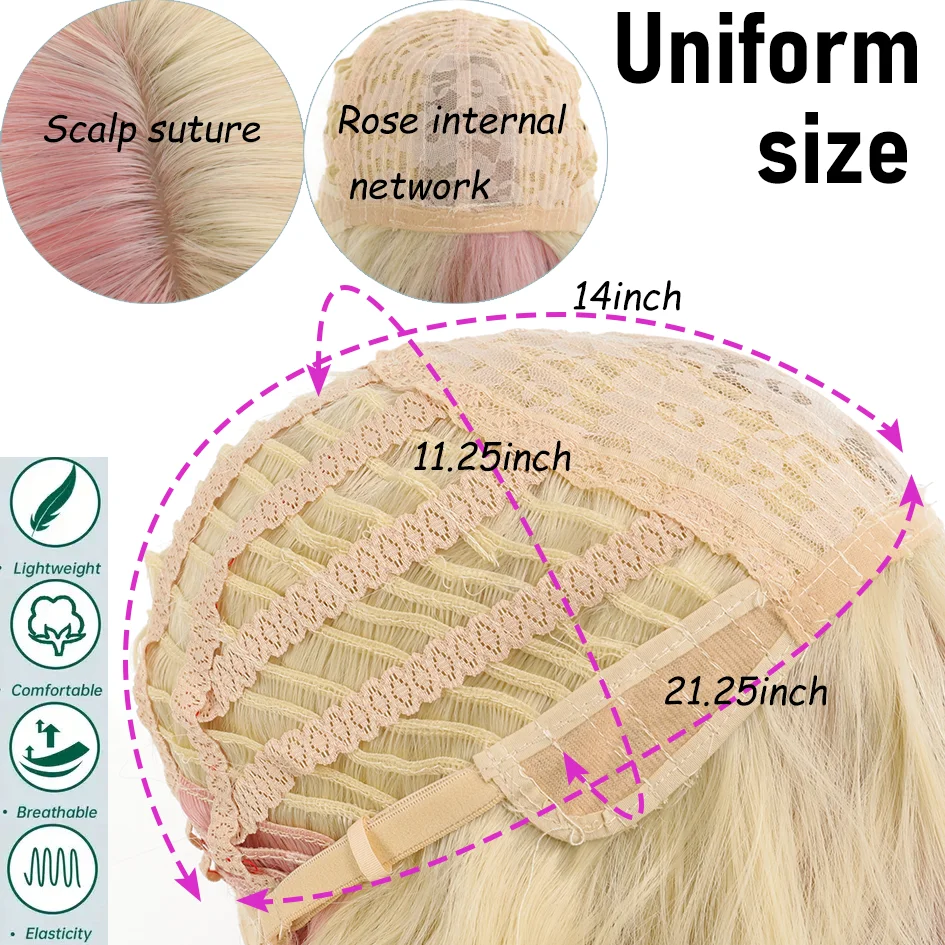 Synthetic pink wig blonde Wig20-inch matching water wavy short hair, halloween Cosplay party wigs, pelucas de mujer,