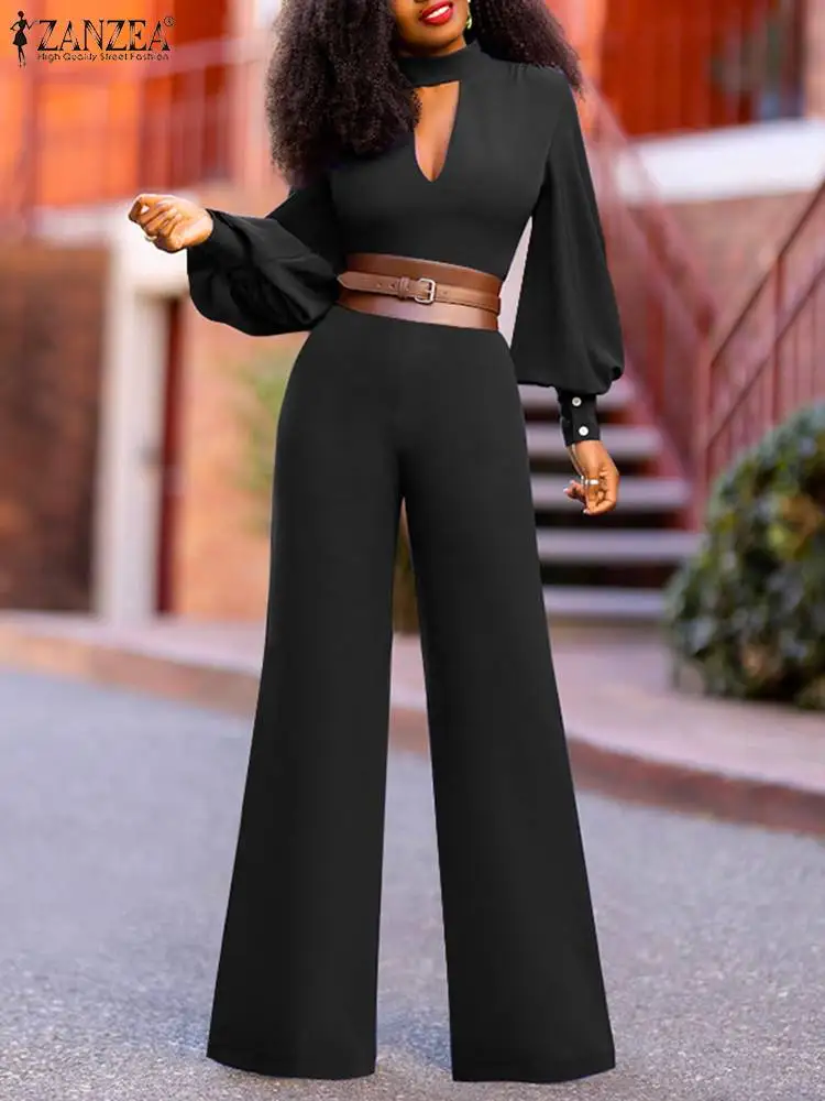 

ZANZEA 2023 Autumn Women Sexy Jumpsuits Long Lantern Sleeve Hollow Out Deep V Wrap Top Wide Leg Trousers Outfits Belted Playsuit
