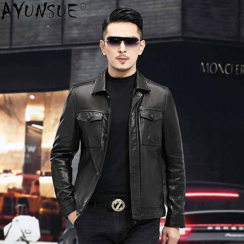 

AYUNSUE 2023 Mens Leather Jacket High Quality Oil Wax Sheepskin Leather Jackets for Men Zipper Lapel Trendy Leather Coat Abrigos