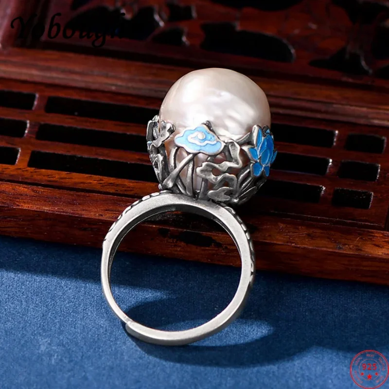 S925 sterling silver charms rings for Women New Fashion cloisonne flowers inlaid round Pearl Palace style jewelry free shipping
