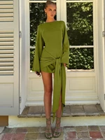 Dulzura 2025 Autumn Fashion Elegant O-Neck Long Sleeve Slim Fit Lace Up Mini Dress Ladies Solid Casual Clothes Party Club Outfit