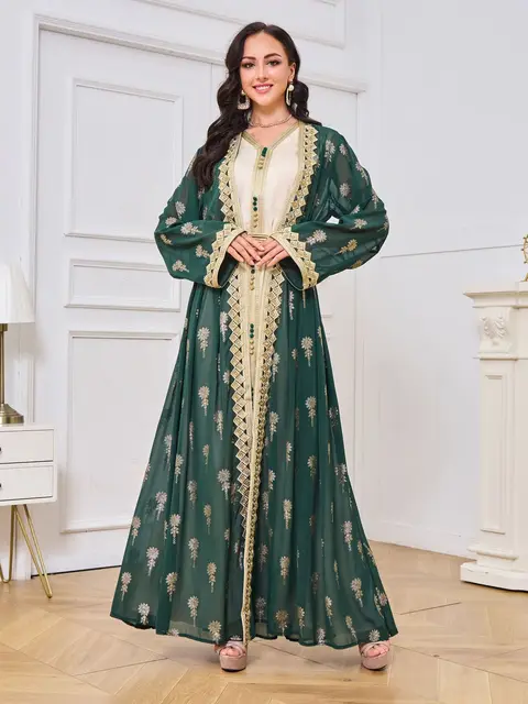 Islamic Ramadan Muslim Luxury Fashion Robe Middle Eastern Arab Dress Robe Embroidered Cardigan Vest Two Piece Dress Set 1